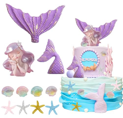 BXYIIGRU Meerjungfrau Kuchen Dekoration Unterwasser Ozean Geburtstag Dekoration Lila Ball Cake Topper Meerjungfrau Figuren Tortendeko Geburtstag für Mädchen Junge Party Torten Deko