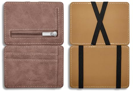 FuninCrea Portefeuille magique à clapet pour homme avec 3 emplacements pour cartes et poche zippée pour pièces de monnaie en cuir synthétique givré ultra fin avec porte-cartes et pince à billets pour