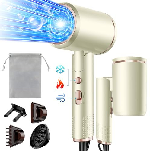 Seche Cheveux Pliable, 2400W Sèche-Cheveux Ionique avec Diffuseur, Professionnel Hair Dryer, 3 températures/3 vitesses, bouton chaud/froid, pour Famille Voyage Salons de Coiffure (Beige)