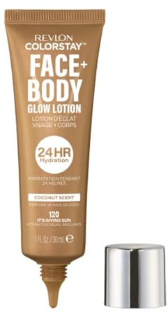Revlon ColorStay Face & Body Glow Lotion – Hydrating Bronzer with Coconut Scent, Radiant Luminising Finish, 24-Hour Hydration, It's Giving Sun
