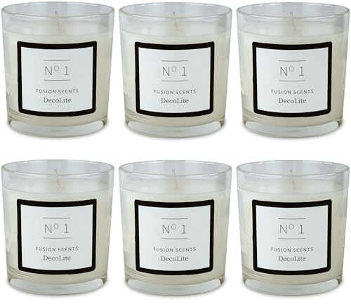 DecoLite Küchenkerzen im Glas, 45 Std. Brenndauer, 6 Stück, Duftkerze | Geruchsentferner mit Basilikum, Patchouli & Geranium, neutralisiert Küchengerüche beim Kochen, Braten & Backen, Ø 7,4 cm