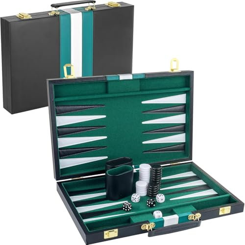 NEWFUN 18 Zoll Backgammon,Backgammon Holz,Backgammon Koffer,Backgammon-Set, Brettspiel mit hochwertigem Lederetui mit Würfelbecher, tragbares und für Erwachsene Brettspiel