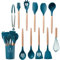FOVAOK Lot de 12 ustensiles de cuisine en silicone antiadhésifs avec poignée en bois, spatule, batteur à œufs, accessoires de cuisine (bleu, 12 pièces)