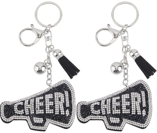 SOFPLATE 1 Box 2 Stück Cheer Schlüsselanhänger Schlüsselanhänger mit Glitzer Schwarz Große Glitzernd Wort Cheer Cooler Cheerleading Quasten Schlüsselring Für Autoschlüssel Damen Sportmemorabilien