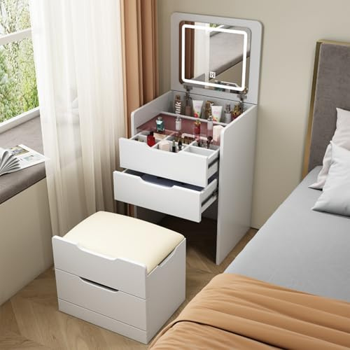 3 in 1 Vanity Desk with Flip Top, Small Makeup Vanity Table With Mirror and Adjustable Brightness Light, Compact Corner Dressing Table with Collapsible Desk Panel, Soft Hidden Stool, 4 Drawers