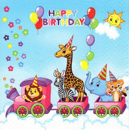 20 Servietten Zug zum Geburtstag, Lustige Papierservietten mit Tieren, Zoo, Löwe, Elefant, Giraffe, Tiger, Kindergeburtstag, Happy Birthday, Decoupage, Tischdeko, 33x33 cm