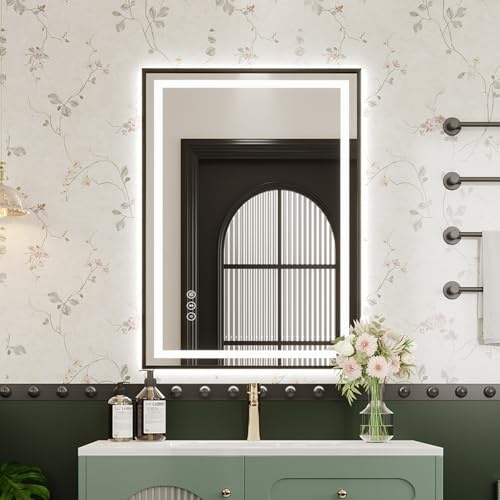 Dripex Black Metal Framed Bathroom Mirror with LED Lights, 500 * 700 MM Light up Backlit Mirror Bathroom Anti Fog Mirrors Dimmable Switch with 3 Colors, Horizontal/Vertical