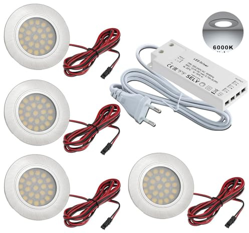 JungesLicht- 4x LED Möbel Einbaustrahler – für 55-60mm Bohrungen, ultra flach (10mm), 2Watt 12V 200Lumen, Tageslichtweiss 6000K – Inkl. Trafo & Anschlusskabel – Einfache Steck-Montage, Möbelleuchte