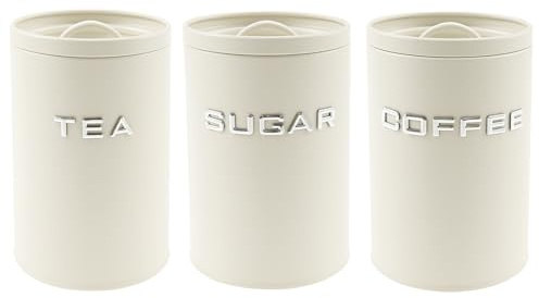 HuhWafee 3 Teiliges Vintage Küchendosen Set aus Metall, Stabile Vorratsdosen mit Dichtung Deckel, Kaffee Tee Zucker Aufbewahrungsdose,Küchendekoration,Küchen Organizer(Weiß)