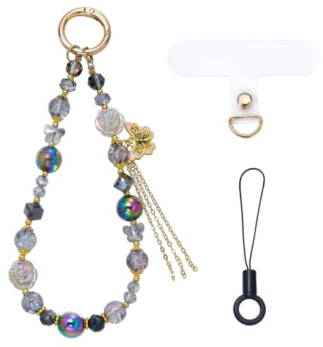 BEEFLYING Bracelet en Perles Noires Et Grises Lanière Pendentif Nœud Chaîne de Téléphone Portable Dragonne Perlée Rose Pour Porte-Clés Étui D'Écouteurs Emballage Décoration