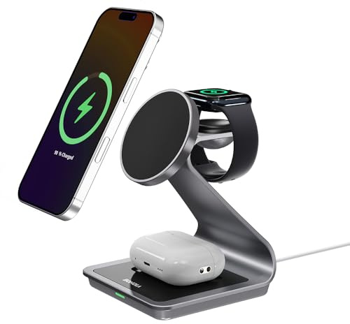Bonola 3-in-1-Ladestation für Apple-Multi-Geräte, Aluminium, magnetisch, kabelloses Ladegerät, Dock-Ständer für iPhone 16/15/14/13 Serie, für Apple Watch Serie & AirPods 4 3 2 Pro