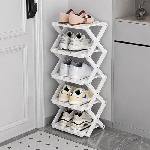 GIRYES Kleiner Schuhständer, weiß, 5-Ebenen, Bambus, klappbarer Schuhorganizer, freistehende Ablage für Flur, Schlafzimmer, Schrank, Wohnzimmerecke, keine Installation erforderlich