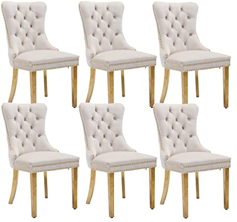 Shenyon Beige Samt-Esszimmerstühle 6er Set, Goldfarbene Edelstahlbeine | Mid Century Modern Stil; Rückenlehne mit Knopfheftung; Ziernägel; dekorativer Ringgriff; bequeme Polsterung; einfache Montage