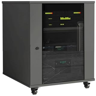 HIFI AV-Schrank mit Glastür und Rädern, verstellbaren Regalen und Kabelmanagement, DVD-Player-Aufbewahrungsregal für Wohnzimmer und KTV (Grau, 63 x 57 x 56 cm)