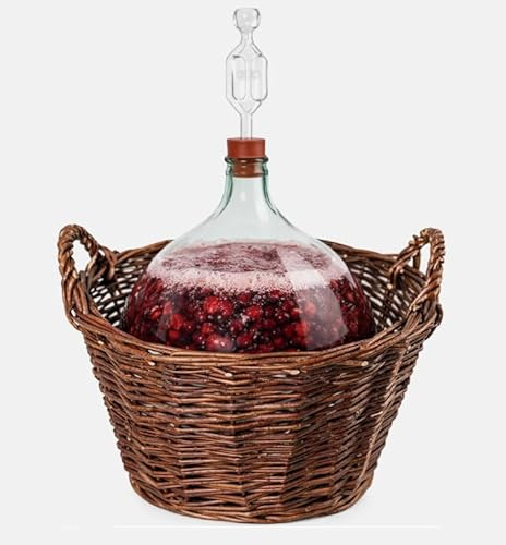 MIKONI Weinballon mit WEIDENKORB, Kunststoffkorb, Glasballon, Gäreimer, Gärballon, Weinfass, Gallone, Bügelflasche, Korb, Glasgärballon, Set, Gärröhr, Flasche, Gärbehälter (5 L)