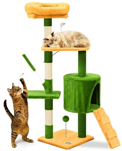 VOUNOT® Cat Tree with Scratching Posts, Multi-Level Cat Activity Centre with Platforms Climbing Ramp and Cozy Condo for Indoor Cats,Orange-Green