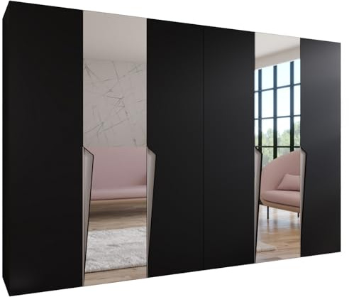 MEBLE KRYSPOL - Kleiderschrank - Garderobenschrank - 300 cm x 202 x 52 cm - Schrank mit Kleiderstange und Spiegel, 6 Türen - für Schlafzimmer, Flur - Piano, Schwarz, Griff Kaschmir