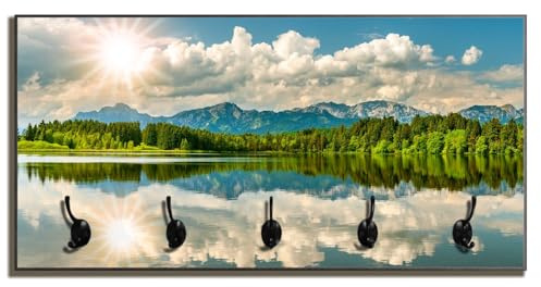 Wallario Wandgarderobe aus Holz in Größe 80 x 40 cm in Premium-Qualität, Motiv: Bergsee mit Spiegelung | 5 Kleiderhaken zum Aufhängen
