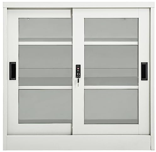 Armario con puerta corredera gris claro de acero y cristal templado 90 x 40 x 90 cm con cerradura y 2 estantes ajustables ideal como archivador de oficina para ahorrar espacio de almacenamiento