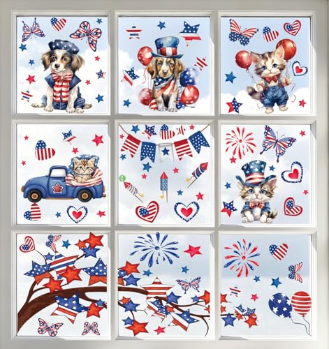 AhfuLife 137 Stück Fensterbild American, 9 Blatt USA Deko Fenster Aufkleber Wiederverwendbar Doppelseitige für 4th of July Feierdekoration 250 Jahre USA (Stil 1)