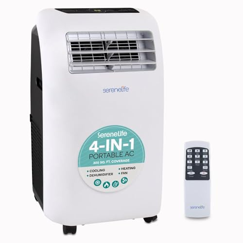 SereneLife Aire acondicionado portátil 4 en 1: enfriador de aire, ventilador, deshumidificador + calefacción, aire acondicionado portátil con tubo de escape, mando a distancia y kit para habitaciones
