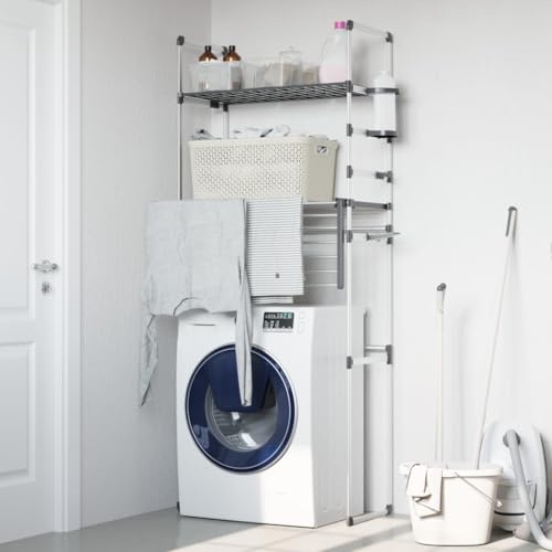 Générique Étagère pour machine à laver en aluminium 77x52x192 cm, rangement salle de bain avec crochets latéraux, hauteur réglable pour espace au-dessus des toilettes ou lave-linge