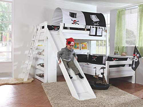 Froschkönig24 Etagenbett Sky Kinderbett mit Rutsche Spielbett Bett Weiß Stoffset Pirat