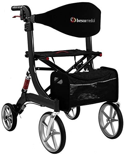 Leichtgewicht-Rollator Spring - Gehhilfe mit Komfort-Federung - höhenverstellbar & faltbar - inklusive Netztasche & Rückengurt - bequeme Sitzfläche - zusammenklappbar - Modell S Graphitgrau