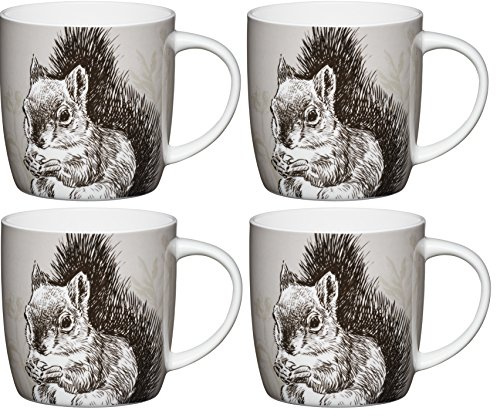 KitchenCraft Fine Bone China 'Squirrel' Barrel-Shaped Printed Animal Mugs, 425 ml - Grey (Set of 4)