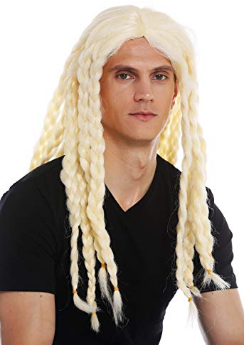 WIG ME UP - 68286-FRP03C Perücke Karneval Halloween Herren Damen lang gelochten Zöpfe blond Wikinger Barde