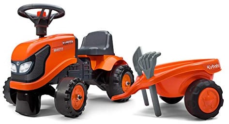 Falk – Traktor Kubota mit Anhänger – ab 12 Monaten Schaufel und Rechen inklusive – 2 Stile zur Personalisierung – Kennzeichen personalisierbar – 260 C