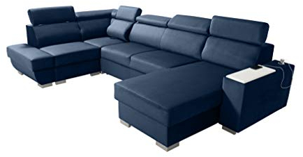 Robin Cezar Ecksofa Schlaffunktion Bettkasten Verstellbare Kopfstützen Sofa L-Form Schlafsofa Freistehende Eckcouch Schlafcouch Wohnzimmermöbel inkl. Laptoptisch Steckdose Navy