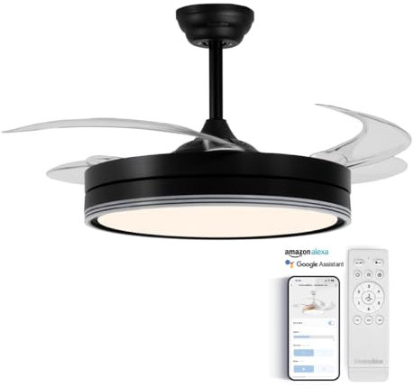 UNIVERSALBLUE Ventilador de Techo Negro con Luz LED | Ventilador WIFI Silencioso | Aspas Retráctiles | Control Móvil y Mando | Motor DC Silencioso