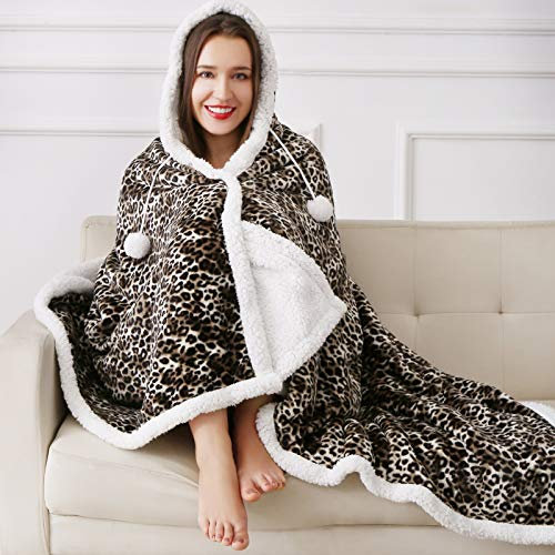 YORKSHIRE HOMEWARE Super Soft Warm Sherpa Fleece Wearable Hoodie Blankets Throws Animal Skin Print Check Designs -130 x 180 cm (Leopard)