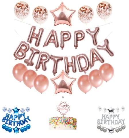 Magnolia Happy Birthday Balloons Self Inflating & Cake Topper | 16 Inch Letters,2 Pcs 18 Star Balloons, 6 Pcs 12 Inch Latex Balloons, 4 Pcs 12 Inch Balloons - Birthday Decoration (Rose Gold)