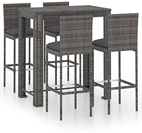 vidaXL Gartenbar Set 5-TLG. mit Kissen Theke Bar Tresen Gartentheke Bartisch Barhocker Stehtisch Barstuhl Gartenmöbel Poly Rattan Grau
