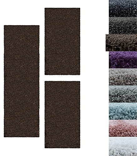 SIMPEX Bettumrandung Schlafzimmer 3teilig Shaggy Hochflor Teppich Braun Bettset: 2 mal 80x150 + 1 mal 80x250 - Schlafzimmer Teppich 3 Teilig Läufer Extra Weich Flauschig Bettvorleger Läuferset Halı