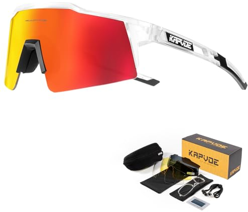 KAPVOE Polarisiert Fahrradbrille mit 4 wechselgläser TR90 Rahmen für Herren Damen Sport Radfahren MTB Sportsonnenbrille Radbrille Sportbrille Fahren Angeln Baseball Laufen 12 Rot klar