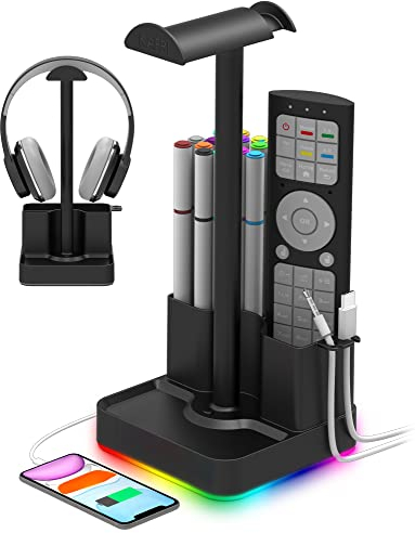 RGB Headphone Stand with Pen Holder, KAFRI Headset Holder Hanger Rack with USB A & C Chargers, Desk Gaming Accessories Suitable for Gamer Desktop Table Boyfriend Gifts