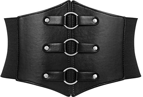 WERFORU Women's Elastic Corset Waist Belt, Lace-up Tied Waspie Wide Cinch Belt Pirate Costume Belt Black