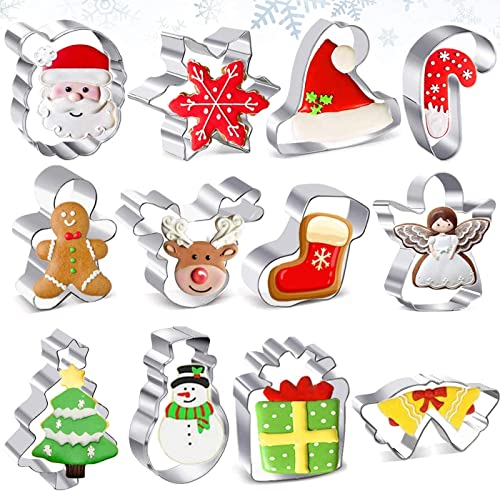 OMNIQI Weihnachten Ausstechformen, 12 Stück verschiedene Weihnachten Keksausstecher, Edelstahl Plätzchen Ausstecher, Weihnachten Ausstecher Lebkuchenmann Weihnachtsbaum Weihnachtsmann Schneeflocke