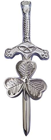 Herren schottischer keltischer Kilt-Pin, Silber-Finish, 10 cm, Highland Kilts Pins & Broschen Wirbel, keltischer Knoten, Arbeitsplatte aus massivem Edelstahl, Schwert, Chrom, Edelstahl