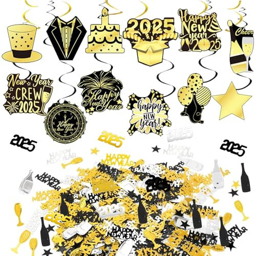 Silvester Deko 2025, 30 Stück Neujahrdeko, Silvester Hängedeko Wirbel, Silvesterdeko, Silvester Deckenhänger Girlande Schwarz Gold, Happy New Year Spiralen Deko für Neujahr Hochzeit Partybedarf