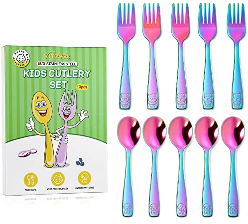 VITEVER 10 Pack Toddler Utensils, Stainless Steel Rainbow Silverware Set for Kids, Children Safe Cutlery Set Includes Forks and Spoons - Dishwasher Safe