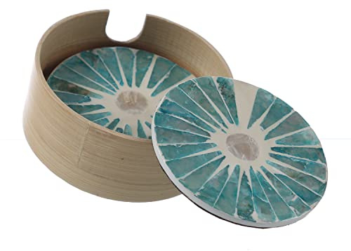 Getränkeuntersetzer - mediterranes Muster - Keramik - D: 9cm - rund - Natur, grün, blau - 4er Set