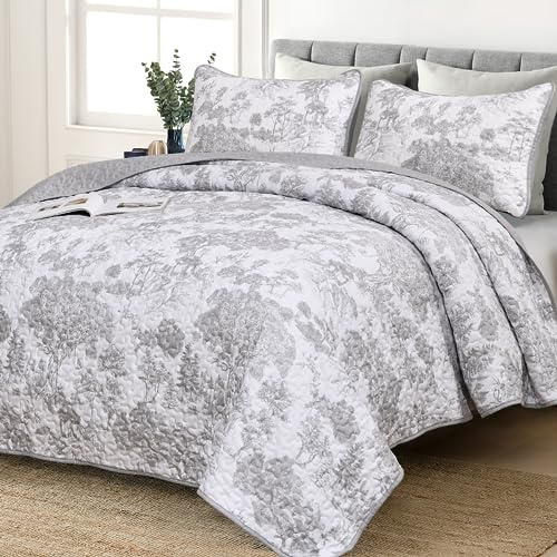 WONGS BEDDING Grey Quilt Set King Size, 3 Pieces Botanical Bedspreads Set Lightweight Microfiber Grey Plants Pattern Coverlet Home Decor for All Seasons(104×90)