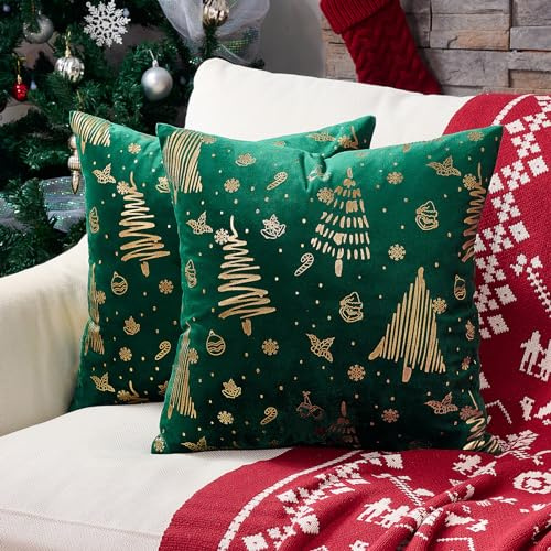 Topfinel Weihnachtskissenbezug 45x45 Grün 2er Set Samt Kissenbezüge Kissenhülle Deko für Dekokissen Sofakissen Couchkissen Weihnachtsdeko Geschenk Wohnzimmer Schlafzimmer