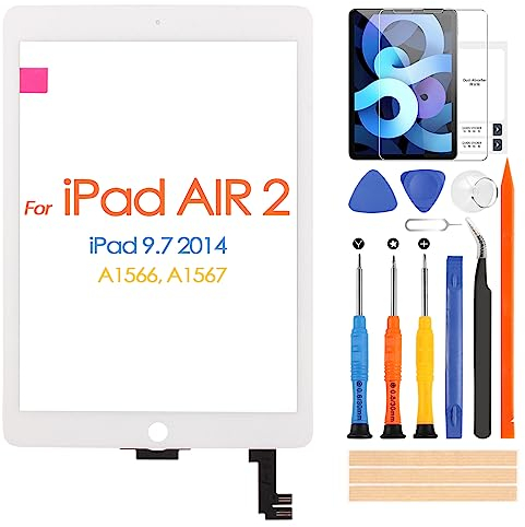 Táctil Pantalla para iPad 6 Air 2 9,7 A1566 A1567 Vaso Reemplazo de Pantalla para iPad Air 2 Digitalizador con Película Templada, Reparación kit(No LCD,Blanco)