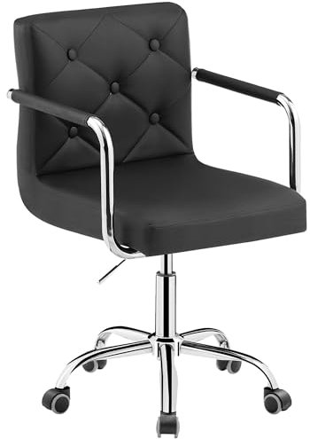 VECELO Rolling Work Chair for Home Office Desk Chaise de Bureau à mi-Dossier en Cuir Synthétique avec roulettes Pivotantes et Accoudoirs, Réglable en Hauteur, Noir, 1 pièces