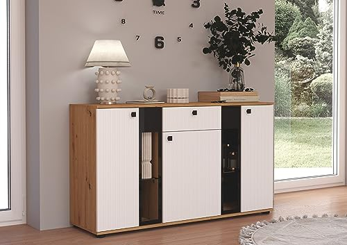 Kuechen-preisbombe Kommode Salsa 2 Lamellenoptik Anbauwand Wohnwand Sideboard MDF Weiss + Artisan